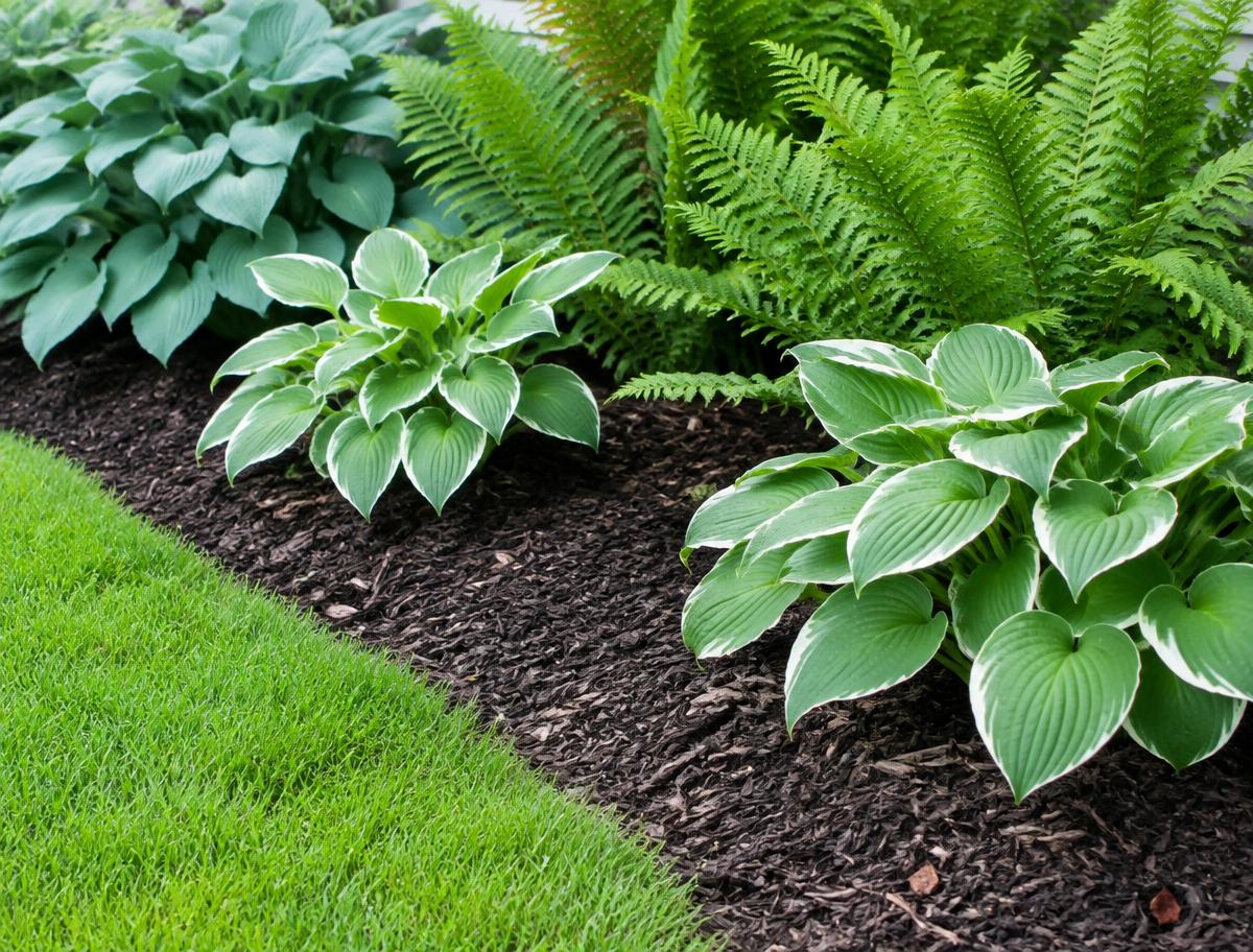 Representative landscaping imagery: a mulched garden bed with hostas and ferns beside a neat lawn edge