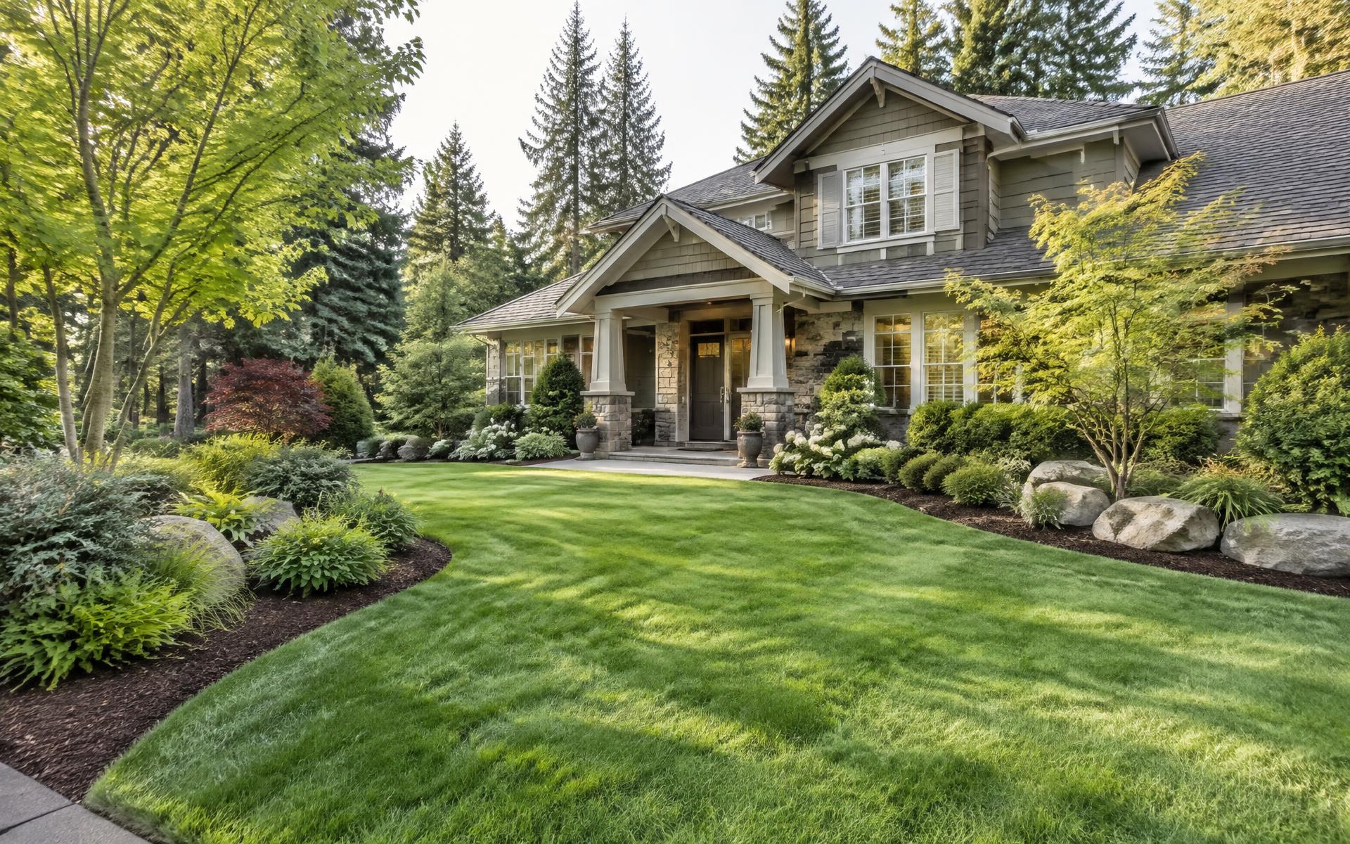 Representative landscaping imagery: a maintained residential lawn with tidy garden beds and shrubs