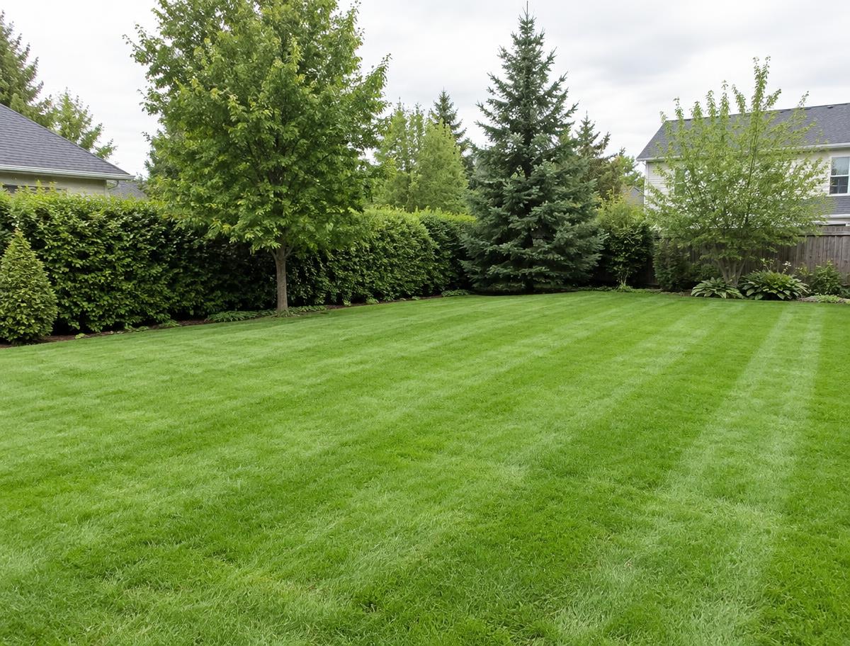 Representative landscaping imagery: a freshly mowed residential backyard lawn bordered by hedges and trees